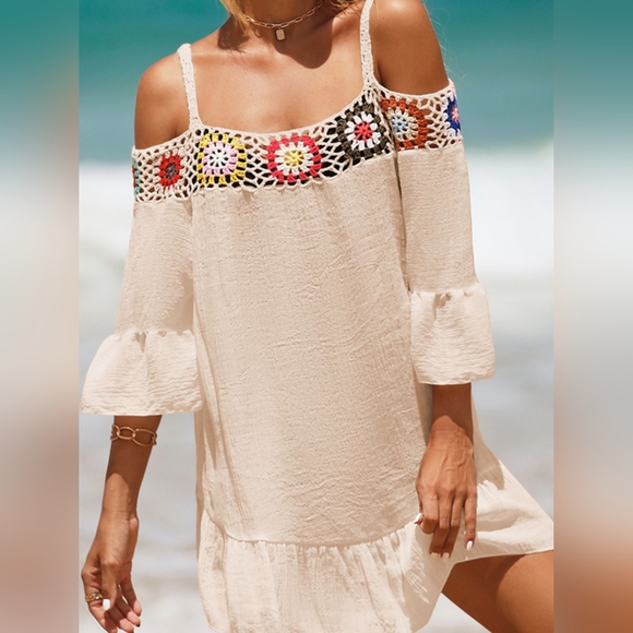 Crochet Cold Shoulder Three-Quarter Sleeve Cover Up - Picture 2 of 4